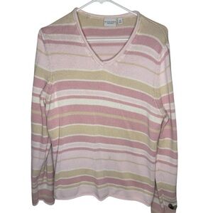 Sonoma Life+Style Striped V-Neck Knit Sweater XL Pink Tan Cream